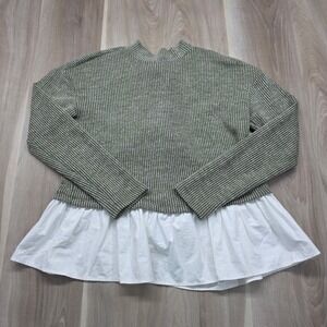 Maeve Anthropologie Sweater Top Ribbed Bow Back Peplum Olive Green White Small S